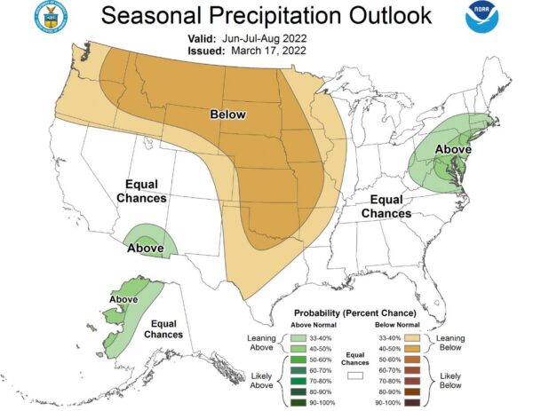 The summer precipitation outlooks shows below average rainfall for much of the West and equal chances of below or above for Utah.