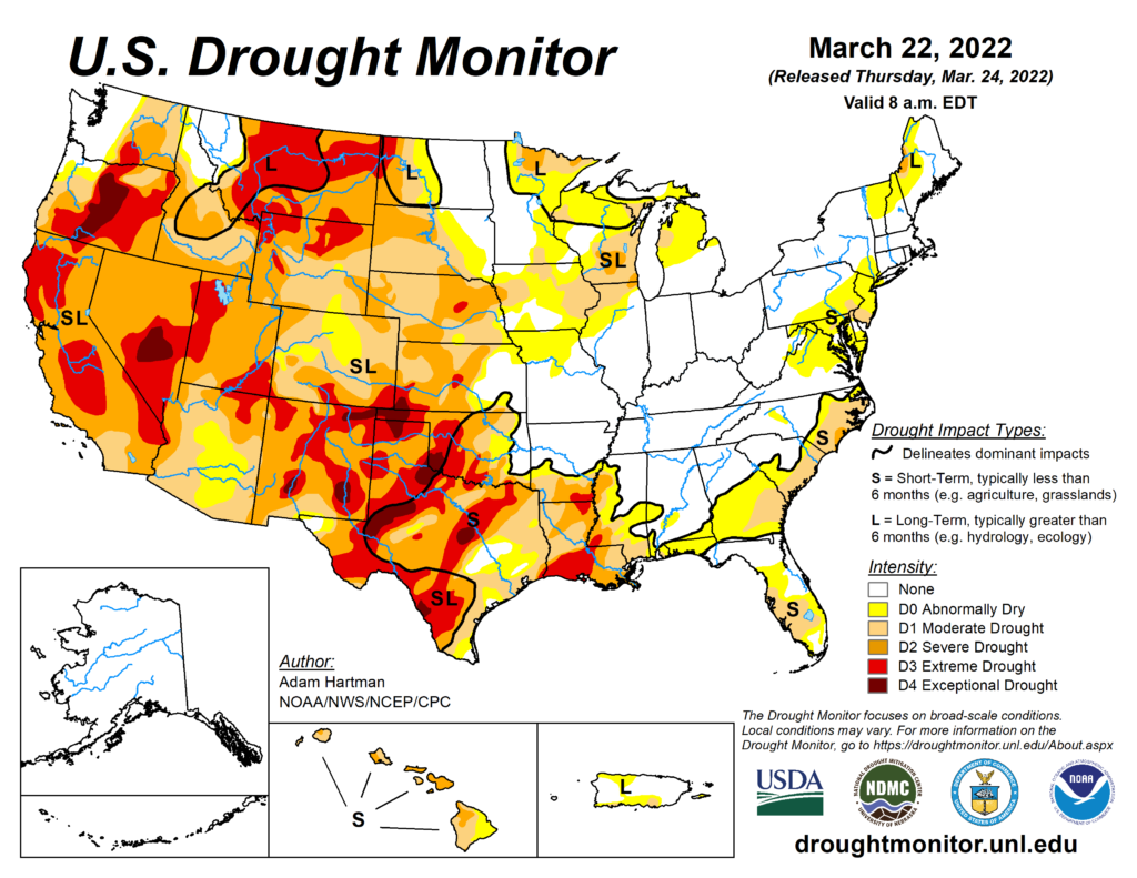 US. Drought manager shows severe to extreme drought over most of the West (California, Nevada, Oregon, Utah, Montana, and New Mexico).