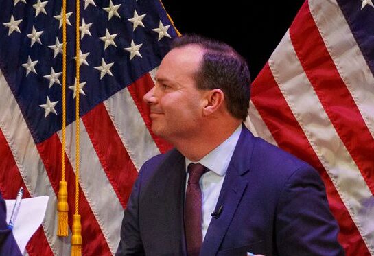 Becky Edwards, Mike Lee, and Ally Isom at the Republican debate Wednesday
