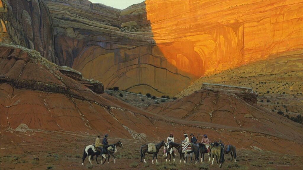 Jacob Hamblin meets with Hopi leaders on horseback. A large, red canyon wall reflects the sunlight in a gouache painting of the meeting.