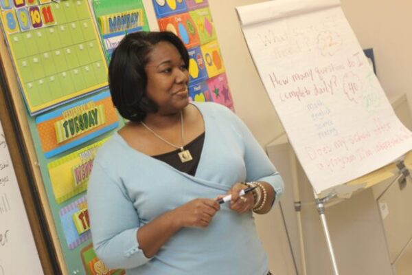 A teacher standing in front of a classroom