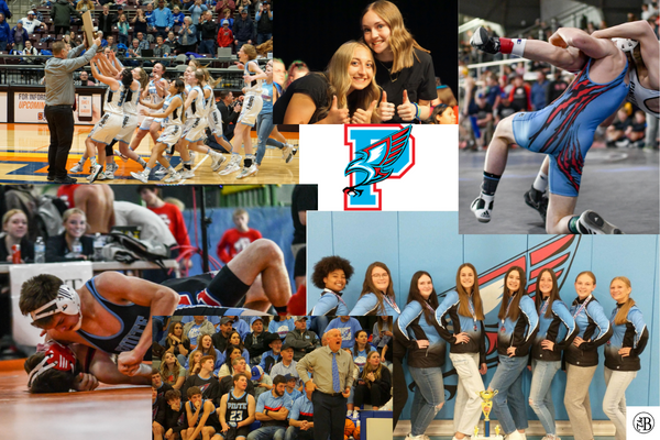 Collage of girls basketball, choir, wrestling, dance, and boys basketball from 2021.