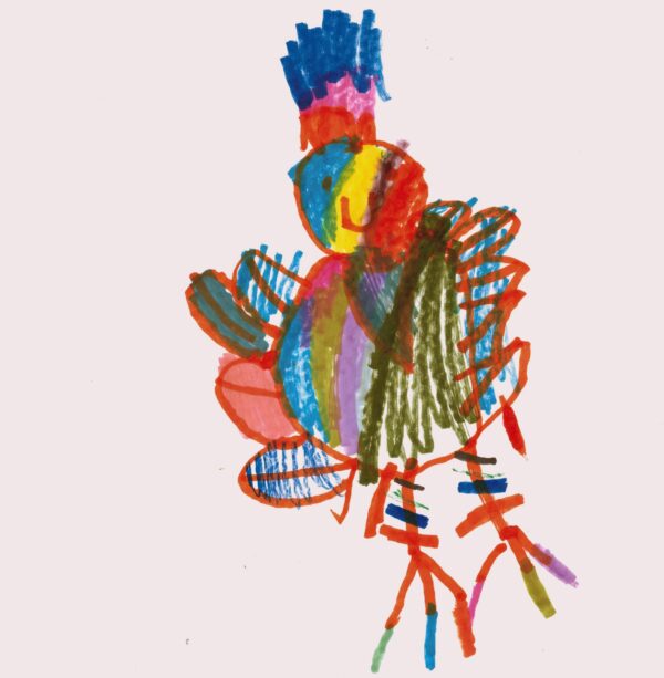 A rainbow turkey colored in marker by a child