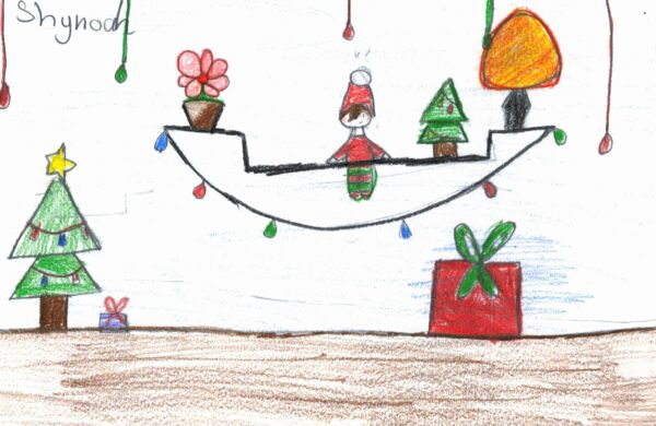 Drawing of an "Elf on the Shelf" in a cutely decorated room.