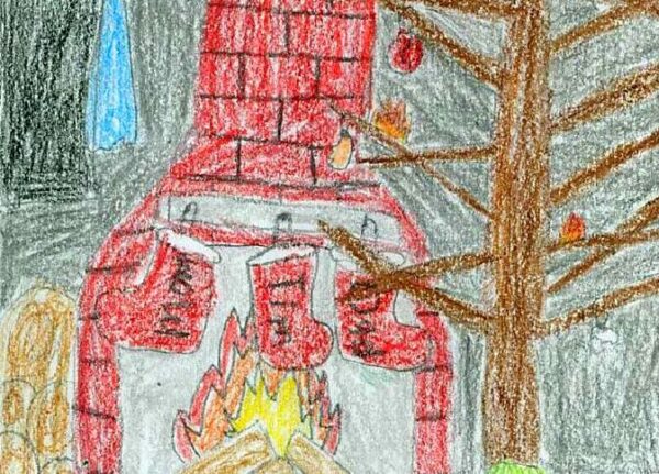 Drawing of stockings by the fireplace near a Christmas tree.