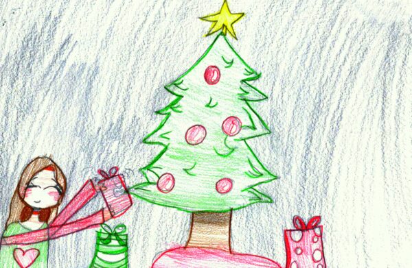 Drawing of a girl putting a present by a Christmas tree.