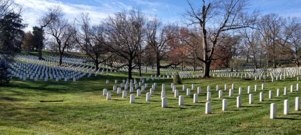The white tombstones and green, freshly-mowed grass at Arlington Cemetery.