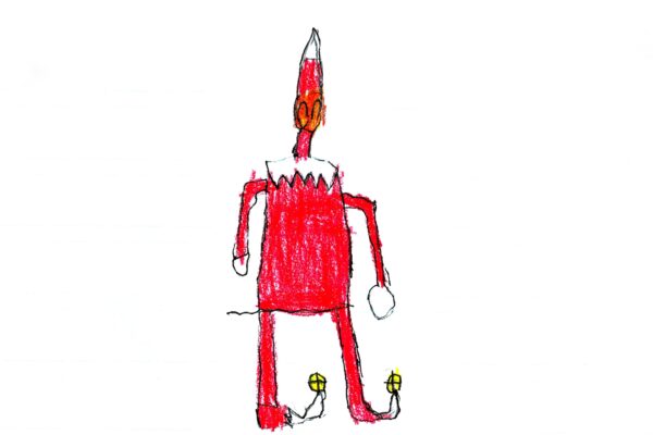 A very red elf. Kid's drawing.