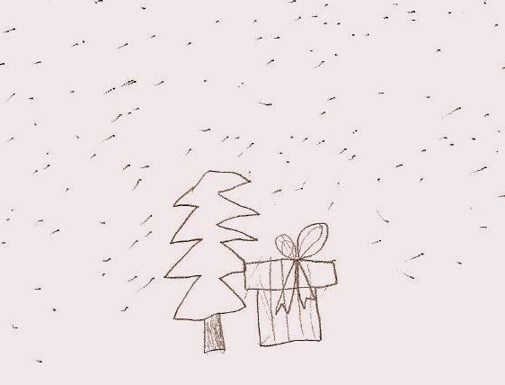 A drawing of a tree and a present in a snowstorm.