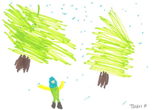 Drawing of a kid playing in the snow