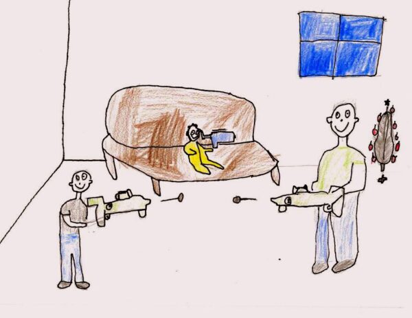 Drawing of a family playing with nerf guns