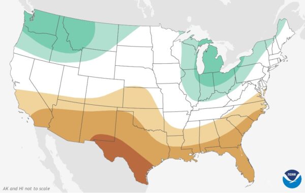 Map of the United States with green, white, and orange areas. Utah is mostly white, meaning it will receive neither below or above average precipitation.