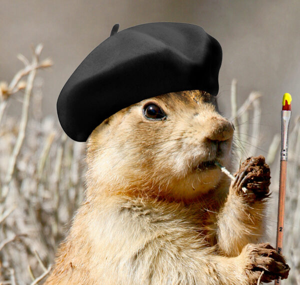 A prairie dog dressed like an artist.