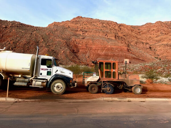 Construction vehicles on the road into Tuacahn.