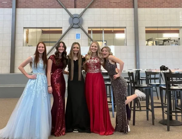 Five girls in fancy dresses