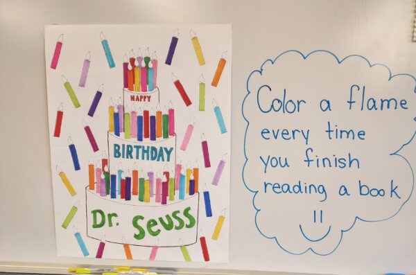 Dr. Seuss' birthday cake
Color a flame every time you finish reading a book. =)