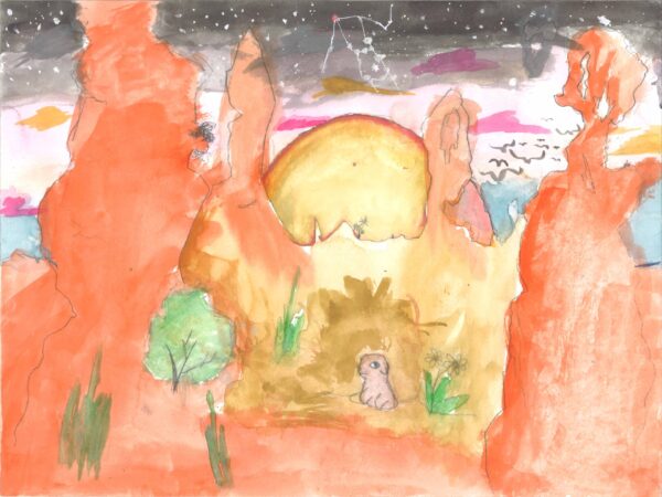 Artwork of a prairie dog hunkering down for the night under a sky of stars and towering hoodoos in Bryce Canyon.