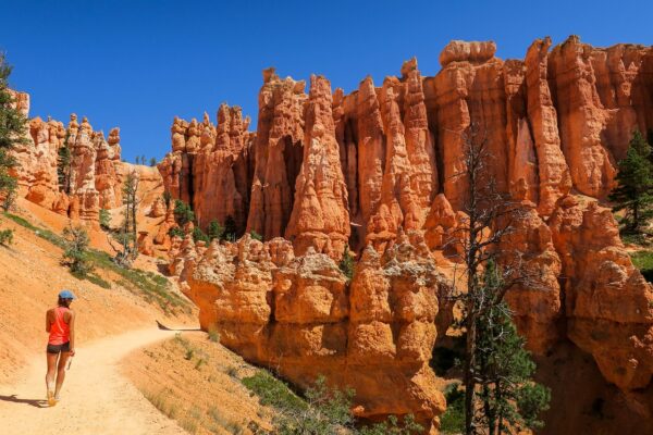 A tourist walks a trail in Bryce Canyon.