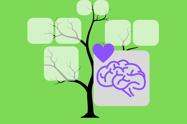 Graphic of a Family Tree with a happy, healthy brain standing out near the bottom.