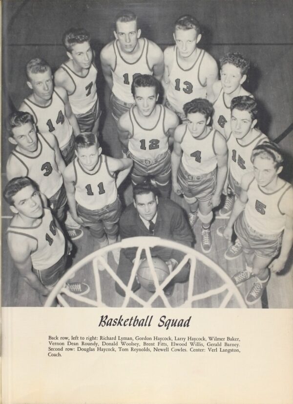 A page from the 1954 yearbook shows a black and white picture of that year's basketball team: Richard Lyman, Gordon Haycock, Larry Haycock, Wilmer Baker, Vernon Dean Roundy, Donald Woolsey, Brent Fitts, Elwood Willis, Gerald Barney, Douglas Haycock, Tom Reynolds, and Newel Cowles. Verl Langston, coach.