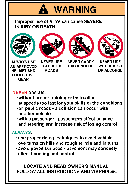 An ATV label shows warnings for how to or how not to use it.