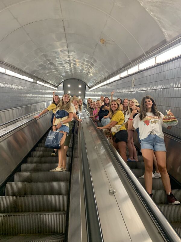 A group of teenagers on the escalator in the Subway in Atlanta.