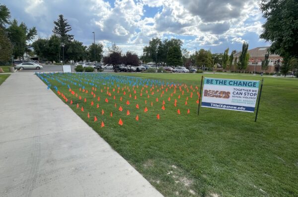 Orange and teal flags on a lawn in front of Snow College during sexual assault awareness week.