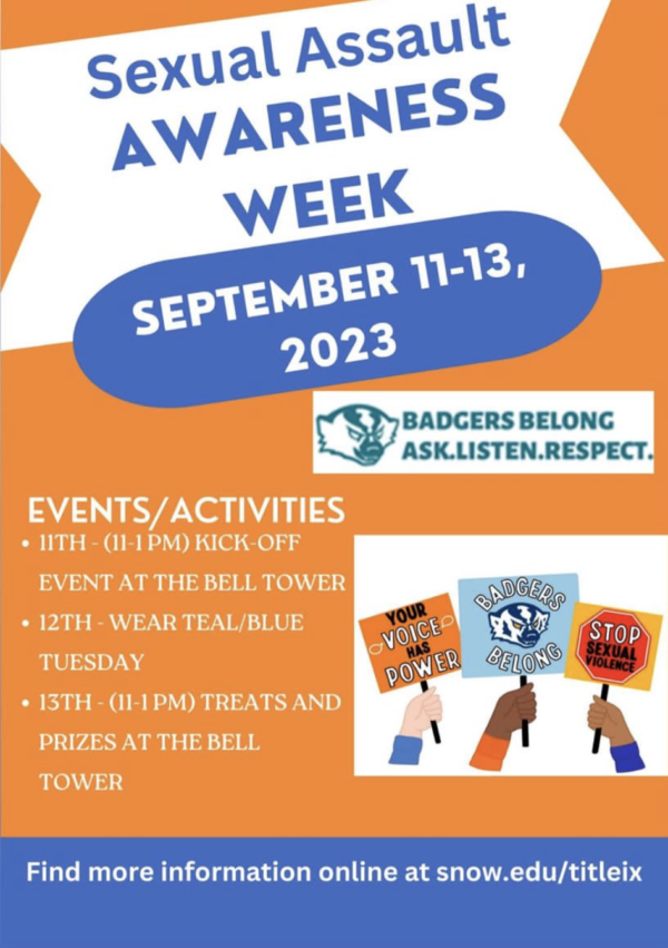 A Snow College flyer for sexual assault awareness week September 11-13, 2023.