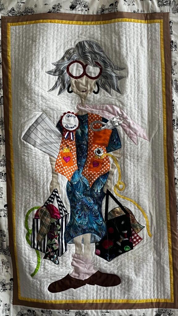 A self-portrait patched together onto a quilt of Susan Shurtz.