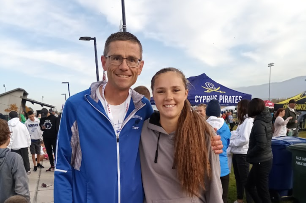 Tabi and Coach Yardley after the state cross country meet.