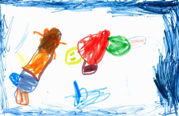 A kindergartener's marker drawing of a couple of turkeys. These turkeys are abstract and colorful, with blues, yellow, orange, brown, green, and red.