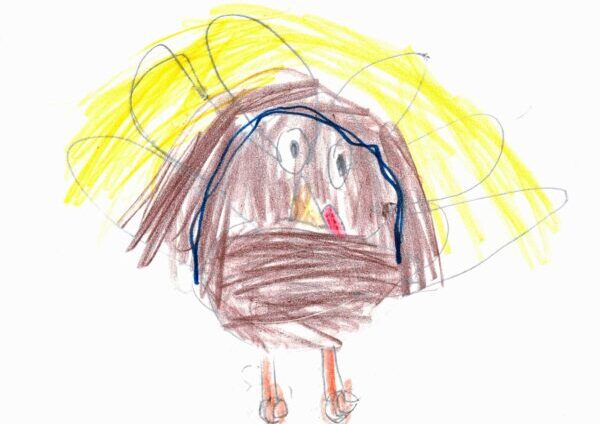 A kid's drawing of a turkey. The turkey is brown with big, human-like eyes and a fan of yellow turkey feathers.