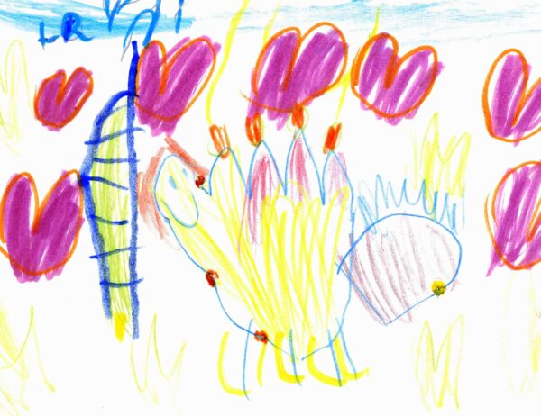 A kid's drawing of a turkey, surrounded by pink and yellow flowers or hearts?