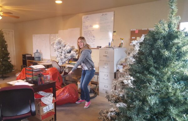 Becky Dalton putting together three different Christmas trees in a home office.