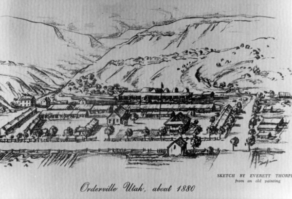 Hand-drawn black ink representation of the city of Orderville, Utah.