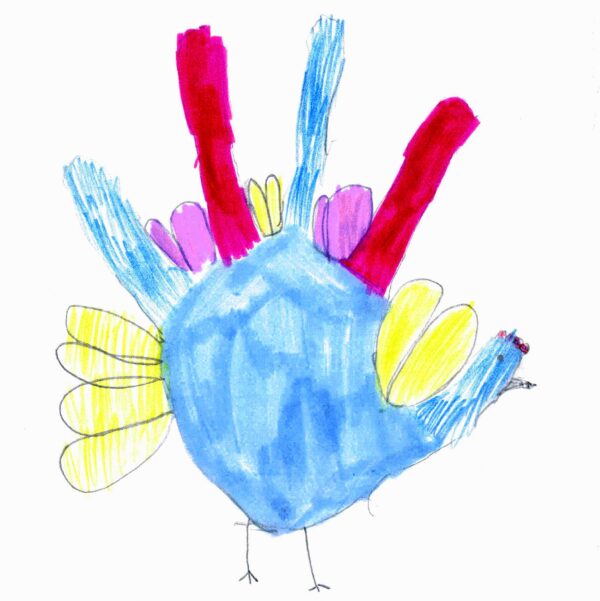 A kid's drawing of a hand turkey.