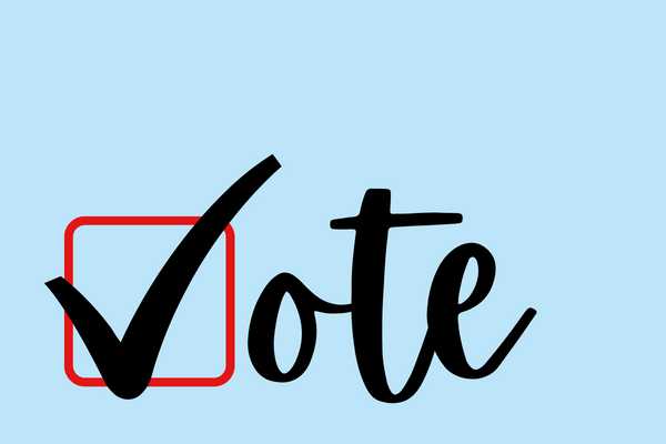 Graphic: "Vote," in cute cursive writing with a picture of a check mark in a box.