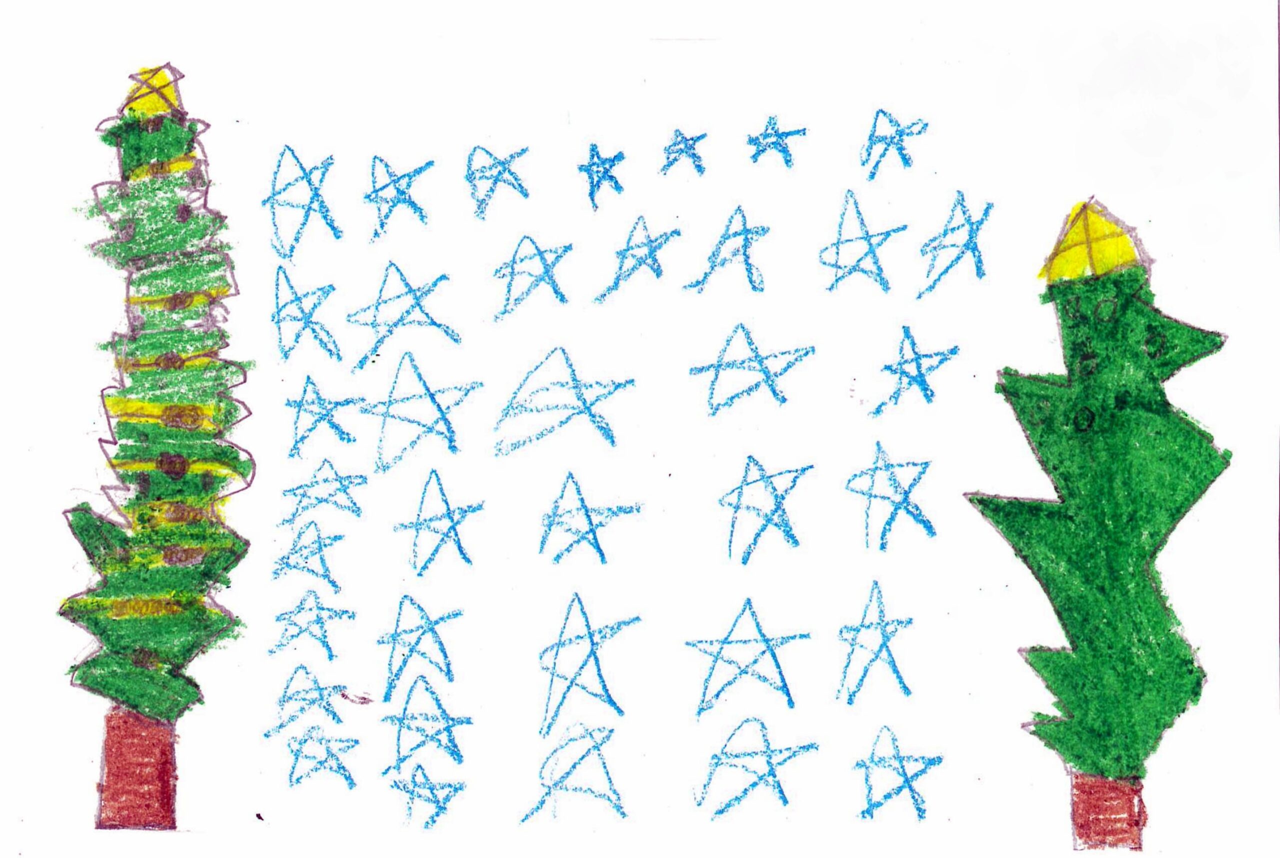 A kid's drawing of about 50 stars form a square shape in the middle of two tall, unique Christmas trees.