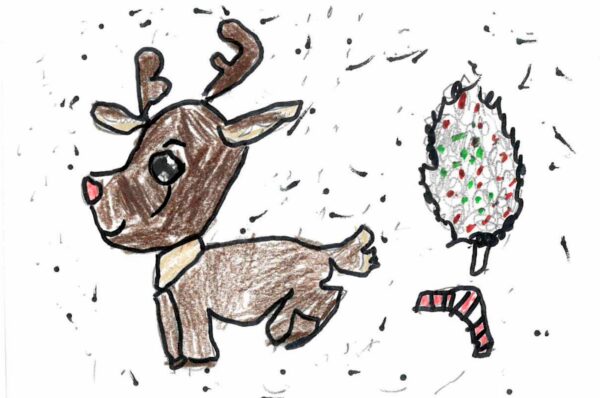 A crayon and Sharpie drawing of a reindeer, possibly pooping a candy cane? It is snowing. A Christmas tree stands decorated in the background.