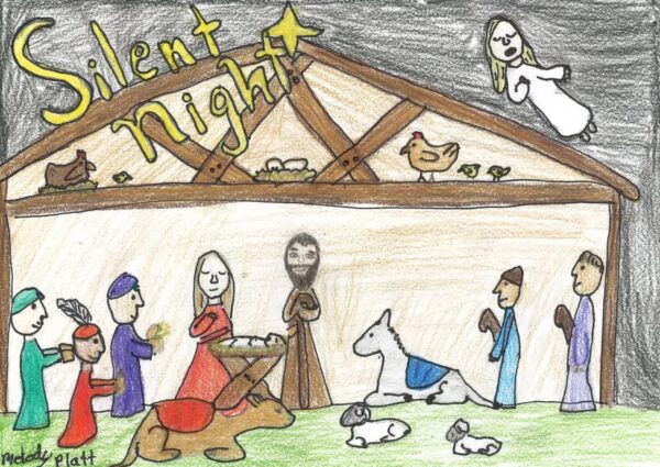 A detailed drawing of the Nativity scene, complete with sheep, a camel, a donkey, shepherds, three wise men, an angel in the sky, and Mary and Joseph with the Christ child in the center. Chickens and other birds roost in the rafters of the stable. The words "silent night" and a star shine in yellow above the drawing. The angel sings. Joseph and the other visitors look happy and at peace. Mary closes her eyes and holds her heart in reverence.