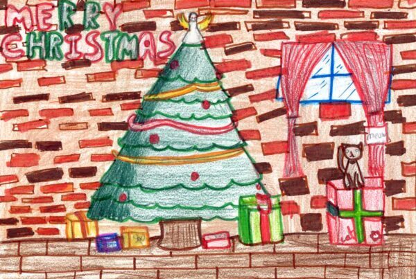 A colored pencil drawing of a Christmas tree inside a brick house with a hard floor. Presents surround the Christmas tree, and the words, "Merry Christmas" are on top.