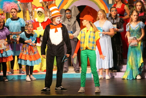 Cat in the Hat and JoJo in center stage in Panguitch's Seussical: The Musical.