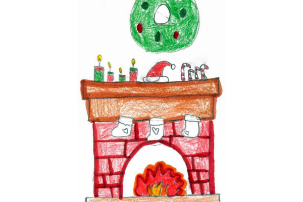 A kid's drawing of a fire in a red brick fireplace. The fire burns a beautiful red and yellow, while stockings, candles, candy canes, an elf's hat, and a wreath sit above it on the mantle and the wall.
