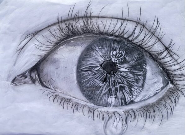 A very detailed charcoal drawing of a closeup eye.