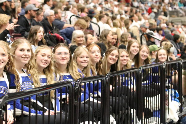 The Panguitch cheerleaders cheering at state wrestling.