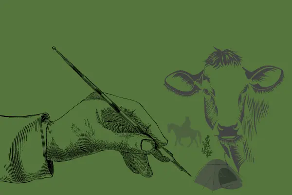 Graphic: A hand looks as if it's drawing a cow, tent, cowboy, and plant.