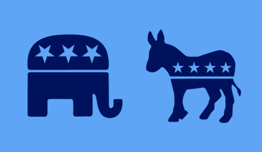 The elephant and the donkey for Republicans and Democrats.