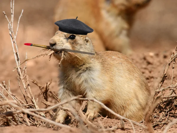 A prairie dog photoshopped to wear a beret and hold a paintbrush in its mouth.