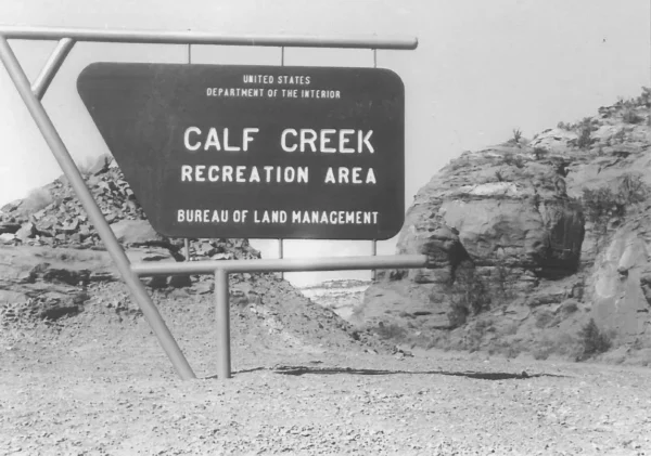 Black and white picture of the Calf Creek Recreation Area sign from the 1960s.