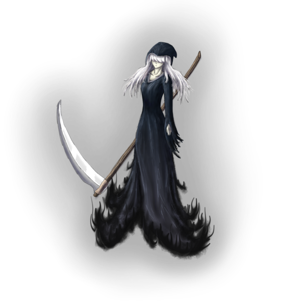 An anime-looking Lady Death with white hair and a very large sickle.